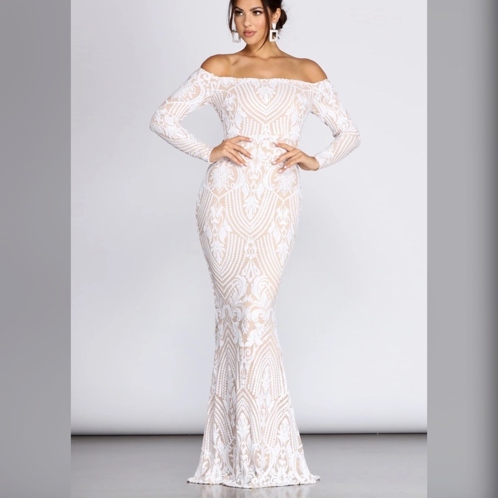 SIERRA SEQUIN OFF THE SHOULDER FORMAL DRESS